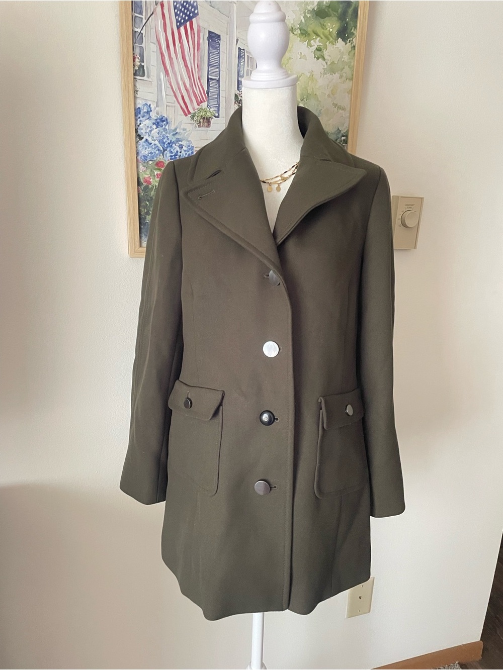 Talbots Olive Green Military Peacoat Mid-Length Trench Jacket Size 6 Petite